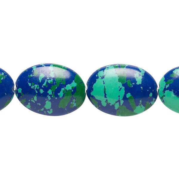 Bead, resin, dark blue / green / turquoise blue, 18x13mm flat oval. Sold per 15" to 16" strand. image number 0