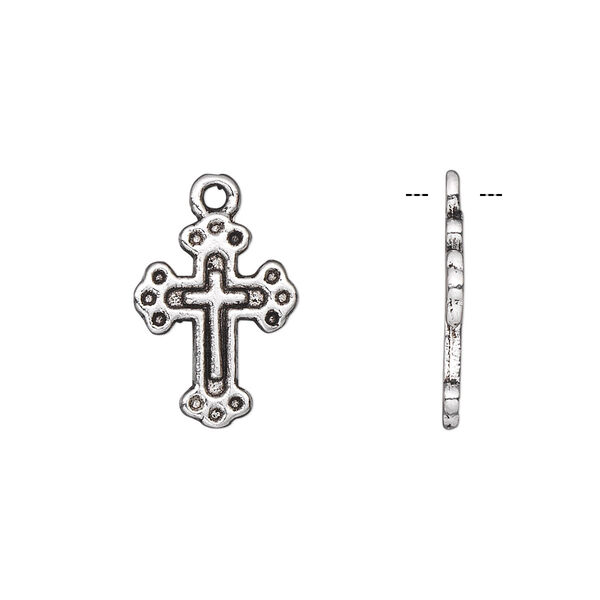 Drop, antique silver-plated "pewter" (zinc-based alloy), 16x12mm single-sided cross. Sold per pkg of 10. image number 0