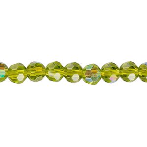 Bead 1pk 32 facets translucent peridot green AB, Celestial Crystal® 6mm round 15.5-16 inch