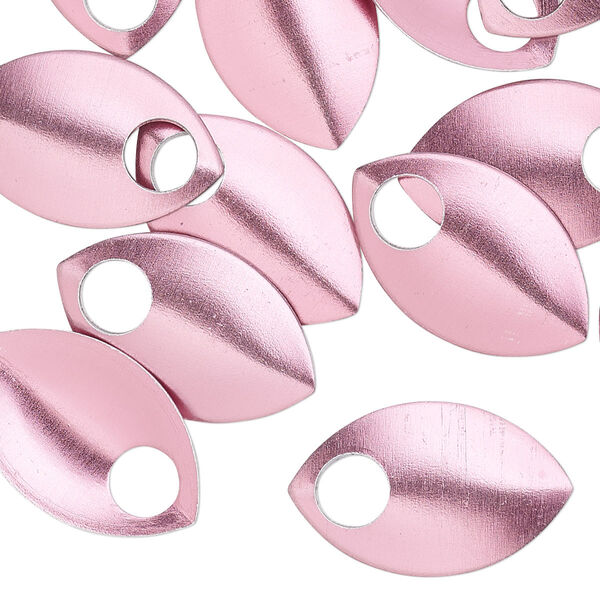 Component, anodized aluminum, pink, 22x14mm 2-sided curved scale blank with 5mm hole, 20 gauge. Sold per pkg of 20. image number 0