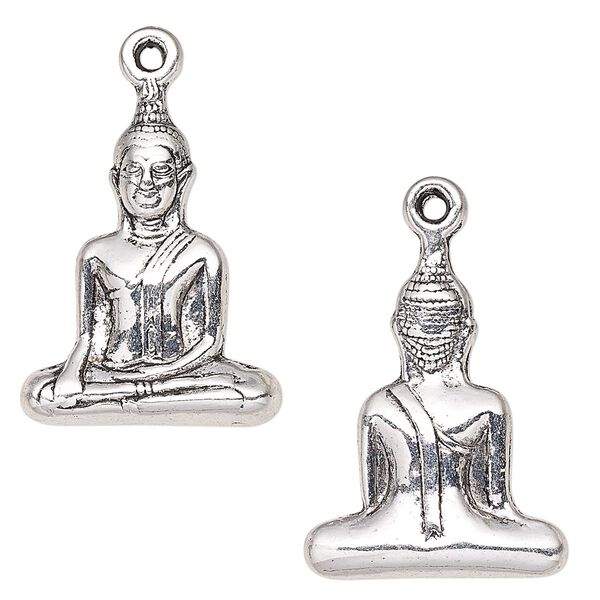 Focal, antique silver-plated "pewter" (zinc-based alloy), 30x23mm 3D Buddha. Sold per pkg of 2. image number 0