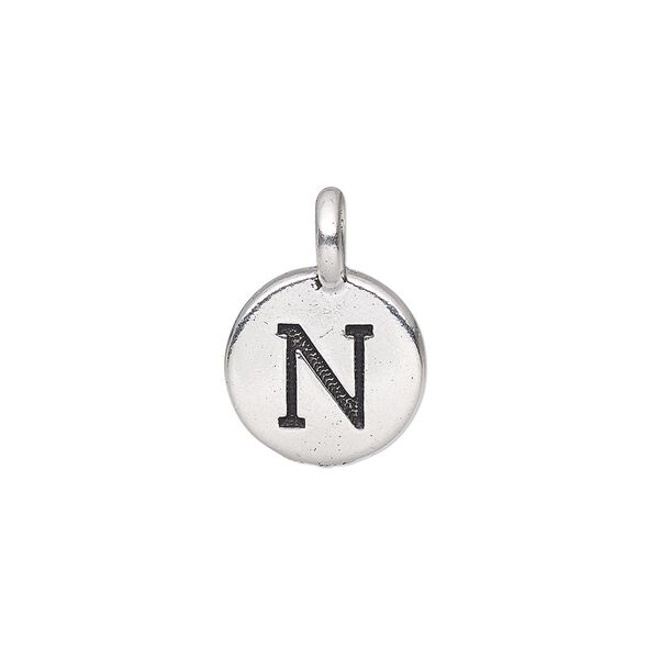 Drop, TierraCast®, antique silver-plated pewter (tin-based alloy), 11.5mm single-sided round with textured alphabet letter "N." Sold per pkg of 2. image number 0
