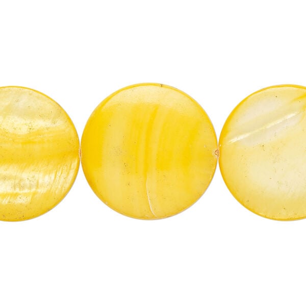 Mother-of-pearl shell 1pkg1, puffed flat round bead 15 inch yellow 19-20mm image number 0