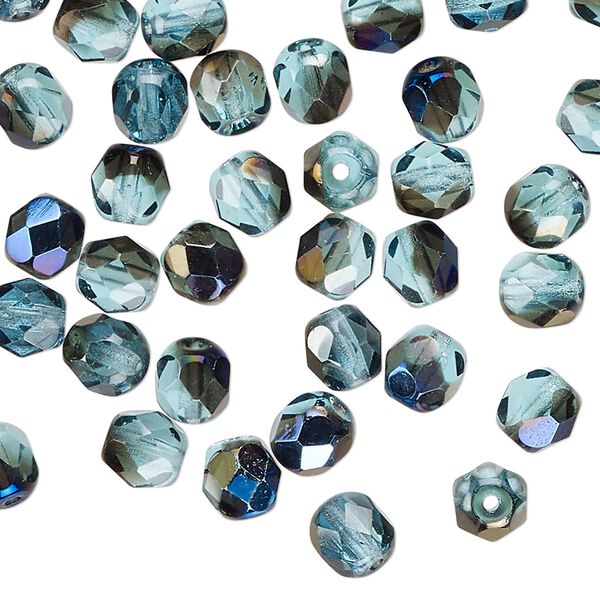 Czech fire-polished glass 1pkg60, faceted round bead half-coated mixed opacity blue iris teal 6mm image number 0
