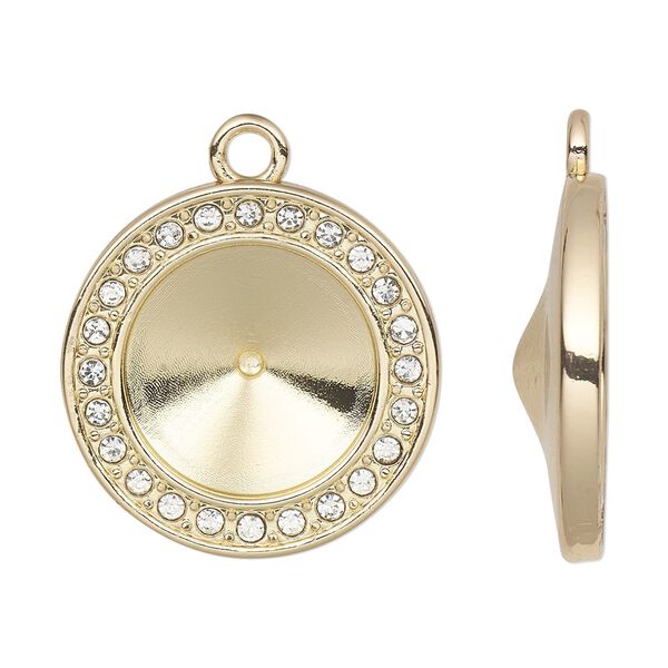 Drop, Almost Instant Jewelry®, cubic zirconia and gold-finished "pewter" (zinc-based alloy), clear, 22mm single-sided round with 14mm rivoli glue-in setting. Sold per pkg of 2. image number 0