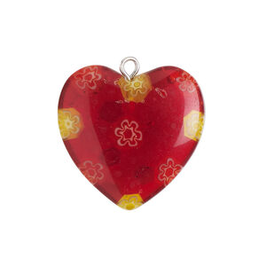 Component 1pkg1, silver-finished steel / millefiori glass, translucent red / yellow / white, 24-25mm puffed heart.