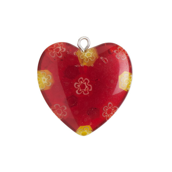 Component 1pkg1, silver-finished steel / millefiori glass, translucent red / yellow / white, 24-25mm puffed heart. image number 0