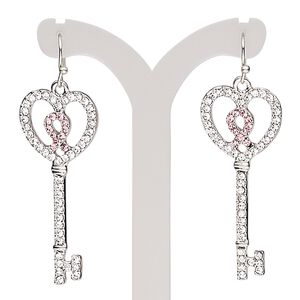 Earring, glass rhinestone with imitation rhodium-plated brass and "pewter" (zinc-based alloy), clear and pink, 2 inches with key and fishhook ear wire. Sold per pair.