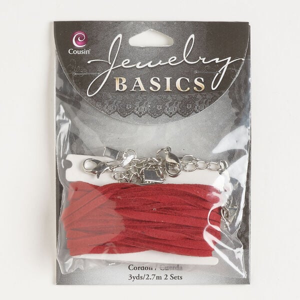 Cord and findings 1pkg3, faux suede and antique silver-finished steel, 3mm flat with 9x6mm lobster claw clasps. image number 0