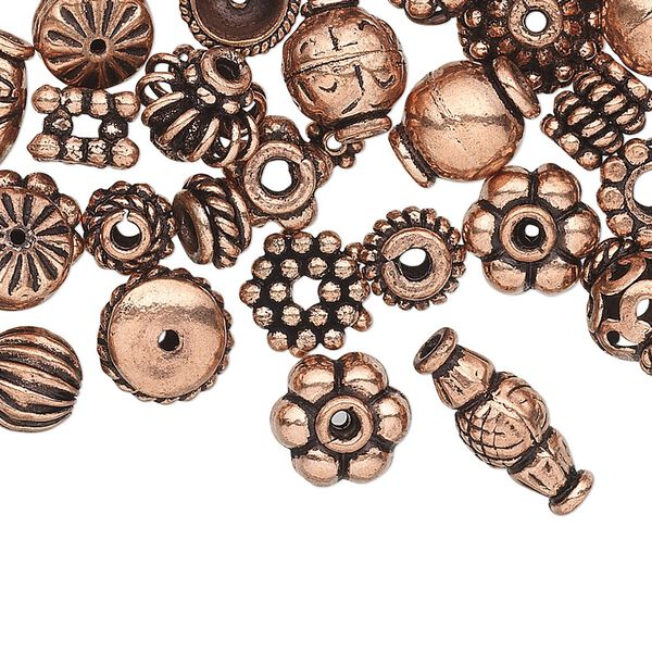 Bead and bead cap, antiqued copper, 4x1mm-11x5mm assorted sizes in 50 styles, 2 of each style. Sold per pkg of 100. image number 0