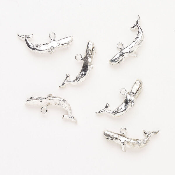 Charm, "pewter" (zinc-based alloy), pkg/6, 23x9mm-24x9mm 3D whale, silver finish. image number 0