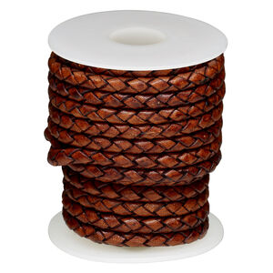 Cord, leather (dyed) 1pkg5yd, antique tan, 4mm braided round, per spool.