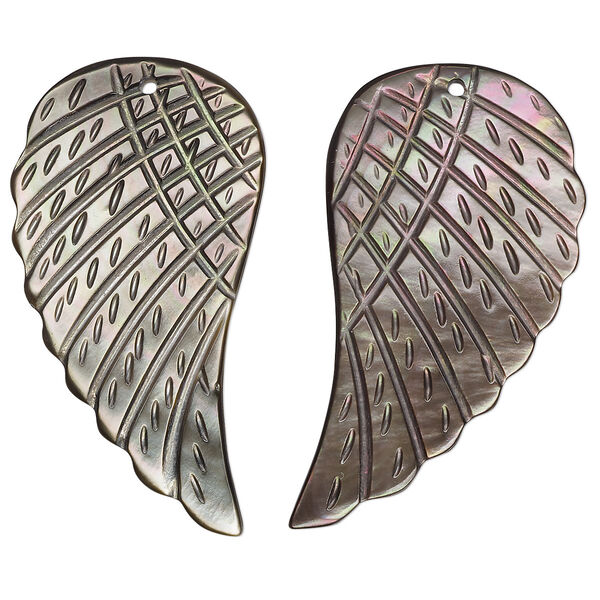 Focal, black lip shell (natural), 36x20mm-40x24mm single-sided hand-cut left- and right-facing carved wing, Mohs hardness 3-1/2. Sold per pkg of 2. image number 0
