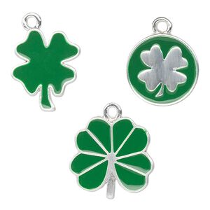 Charm, silver-finished "pewter" (zinc-based alloy) and enamel, green, (2) 15mm coin with single-sided 4-leaf clover, (2) 15x15mm 4-leaf clover and (2) 20x15mm 4-leaf clover with 1.5mm loops. Sold per pkg of 6.