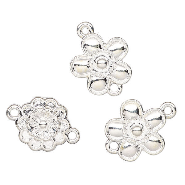 Link, silver-finished "pewter" (zinc-based alloy), 15x13mm and 17x14mm flower enamel blank. Sold per pkg of 3. image number 1