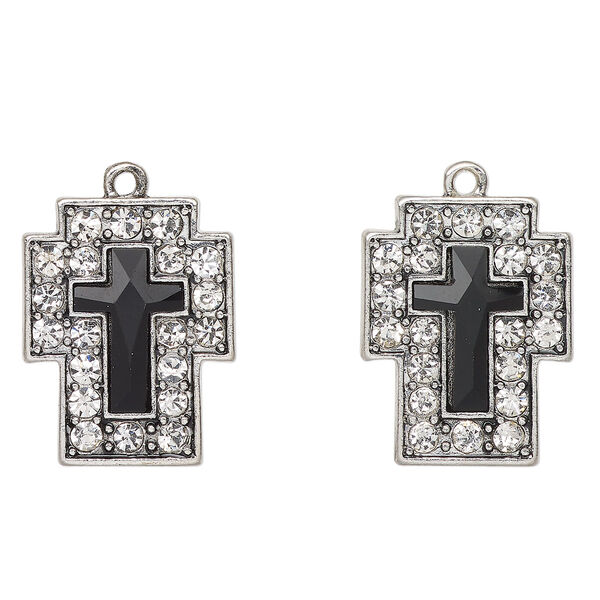 Drop, antique silver-finished "pewter" (zinc-based alloy) and glass, clear and black, 25x19mm cross. Sold per pkg of 2. image number 0