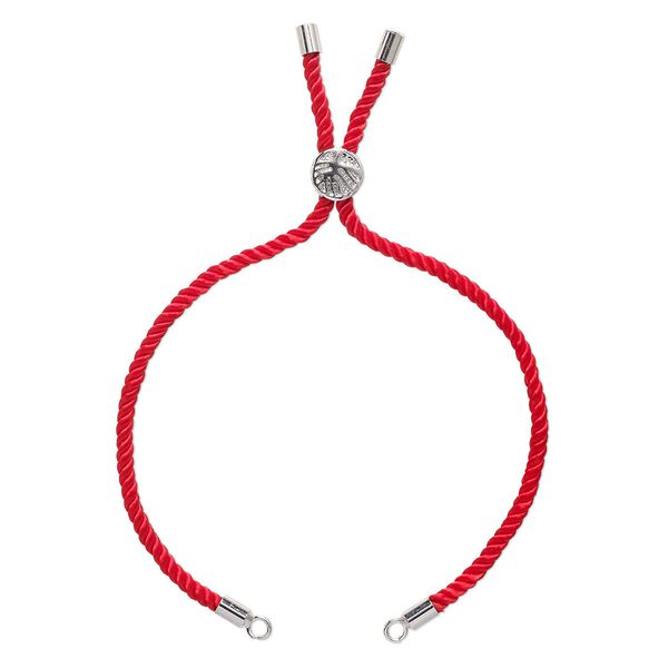 Bracelet component, nylon and imitation rhodium-finished "pewter" (zinc-based alloy), red, 3mm wide, 8-3/4 inches with 9mm flat round adjustable slider bead with tree of life design and 2 open loops. Sold individually. image number 0