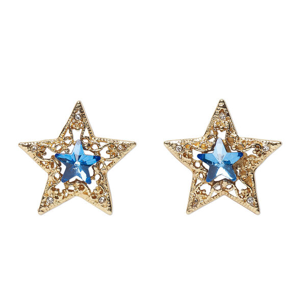 Drop, gold-finished "pewter" (zinc-based alloy) and glass, clear and blue, 26x25.5mm single-sided star. Sold per pkg of 2. image number 0