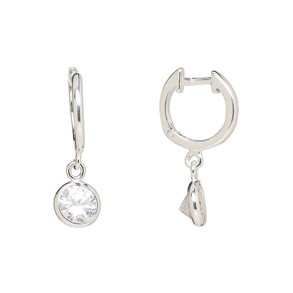 Earring, Create Compliments®, sterling silver and cubic zirconia, clear, 24mm hoop with endless-loop closure and round dangle. Sold per pair. image number 0