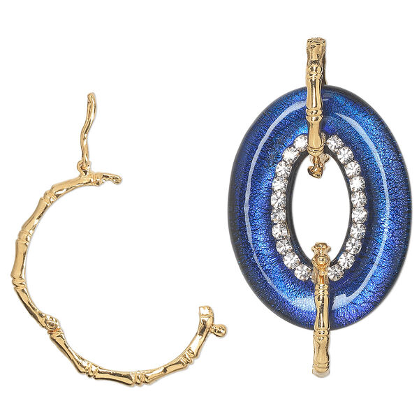 Focal, dichroic glass / Czech rhinestone / gold-finished brass, black / purple / blue / clear, 40x30mm single-sided oval donut with twister clasps. Sold individually. image number 0