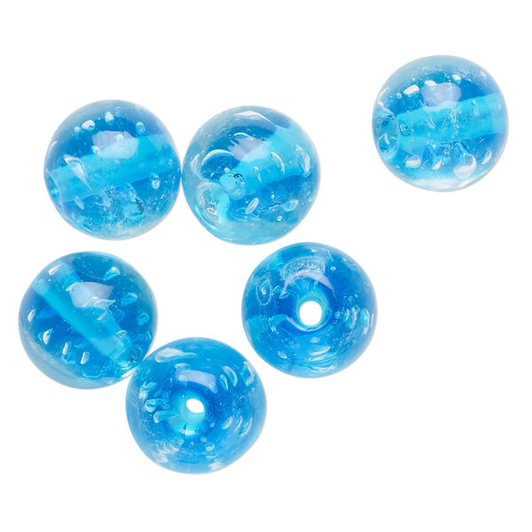 Bead, lampworked glass, translucent aqua blue, 12mm round. Sold per pkg of 6. image number 0