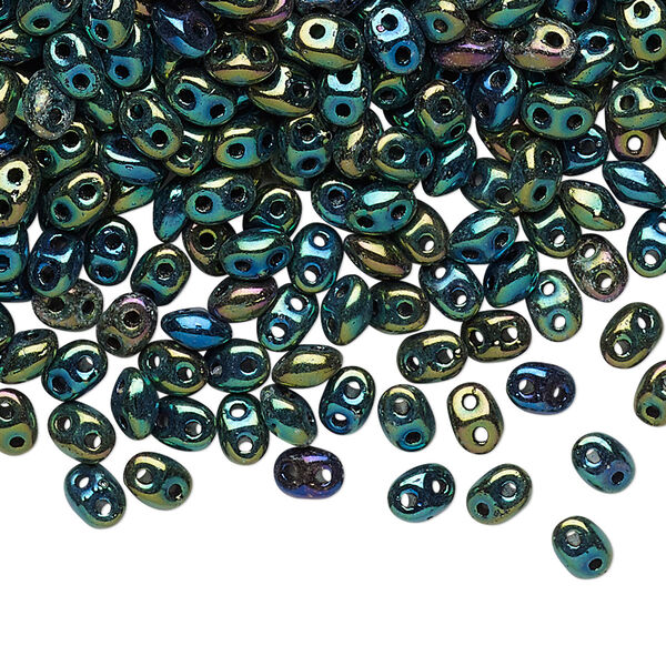 Bead, Preciosa Twin™, Pressed Twin, Czech pressed glass, iris green, 5x2.5mm oval with 2 holes. Sold per 50-gram pkg. image number 0