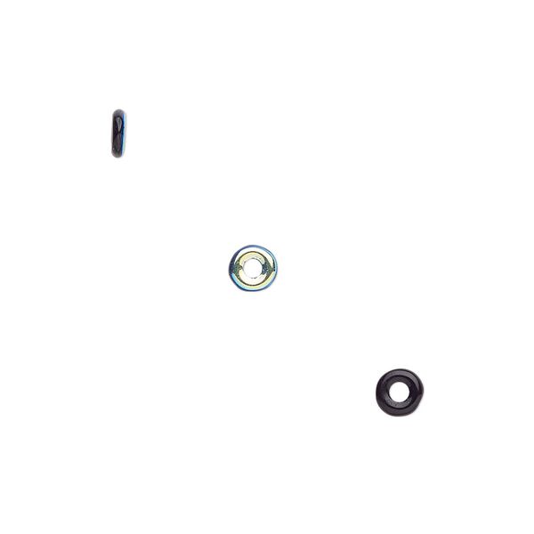 Bead, Czech pressed glass, opaque jet with half-coat AB, 4x1mm ring. Sold per pkg of 100. image number 0