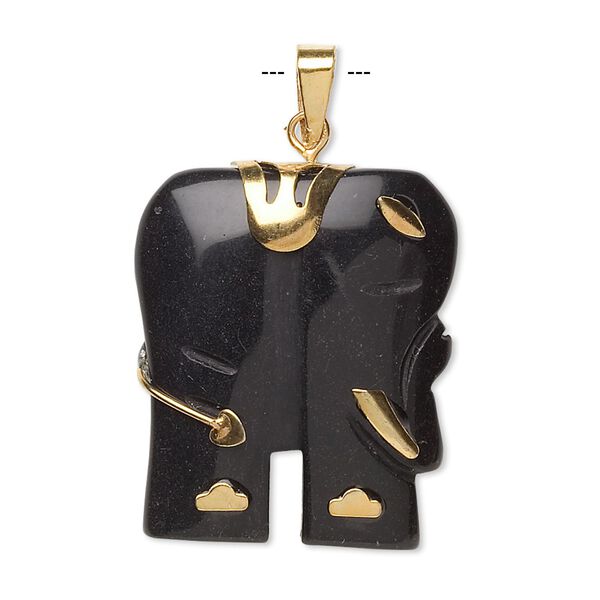 Pendant, blackstone (dyed) and gold-finished "pewter" (zinc-based alloy), 28x23mm-30x25mm single-sided elephant. Sold individually. image number 0