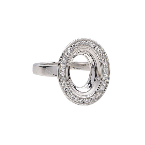 Ring, Almost Instant Jewelry®, rhodium-plated sterling silver and cubic zirconia, clear, 20mm wide with 14x10mm oval glue-in setting, size 9. Sold individually. image number 0