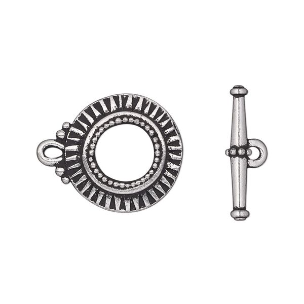Clasp, TierraCast®, toggle, antique silver-plated pewter (tin-based alloy), 17.5mm round with sunburst design. Sold per pkg of 10. image number 0