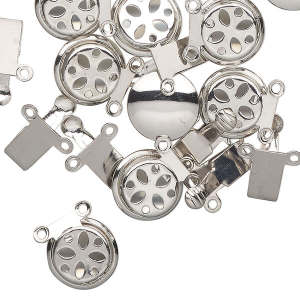 Clasp, 2-strand tab, imitation rhodium-finished brass, 10mm round. Sold per pkg of 10. image number 0