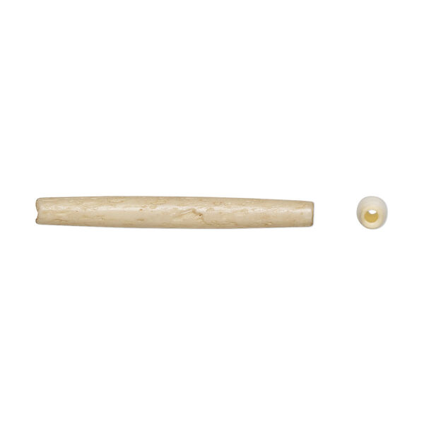 Bead, antiqued domestic water buffalo bone (dyed), white, 37x3mm-39x5mm hand-cut hairpipe, Mohs hardness 2-1/2. Sold per pkg of 12. image number 0