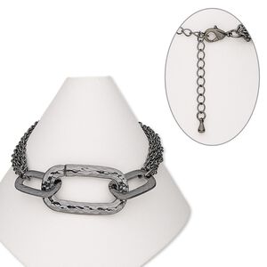 Bracelet, gunmetal-finished "pewter" (zinc-based alloy) / steel / brass, 36x21mm textured link, 7 inches with 2-1/2 inch extender chain and lobster claw clasp. Sold individually.