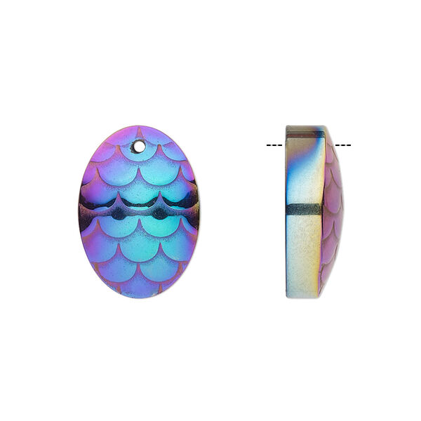 Drop, electroplated Hemalyke™ (man-made), rainbow, 18x13mm single-sided half-domed oval with scale design. Sold individually. image number 0