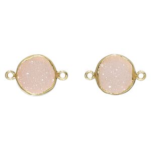 Link, druzy agate (dyed) and gold-finished sterling silver, pink, 12mm single-sided round. Sold per pkg of 2.