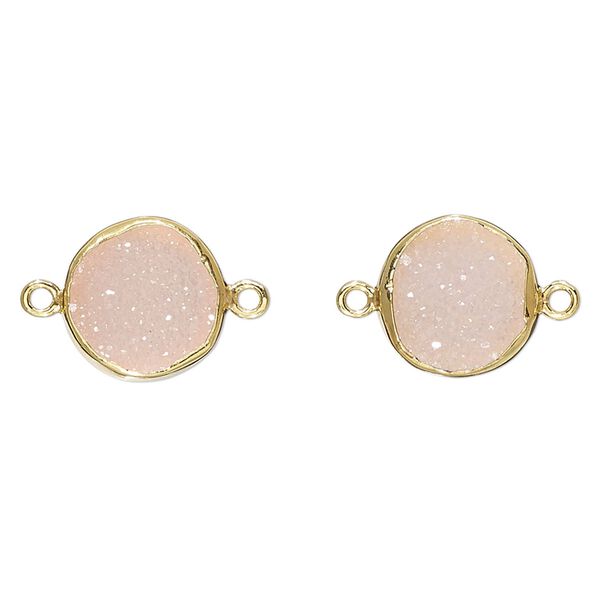Link, druzy agate (dyed) and gold-finished sterling silver, pink, 12mm single-sided round. Sold per pkg of 2. image number 0