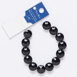 Bead, glass, black, 14mm faceted puffed flat round. Sold per 7-inch strand.