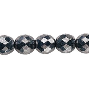 Bead, Czech fire-polished glass, opaque hematite, 10mm faceted round. Sold per 15-1/2" to 16" strand, approximately 40 beads.