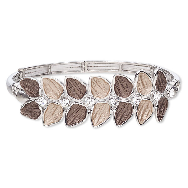 Bracelet, stretch, glass rhinestone / enamel / imitation rhodium-coated plastic / imitation-rhodium-finished "pewter" (zinc-based alloy), light brown / dark brown / clear, 20mm wide with leaves, 7 inches. Sold individually. image number 0