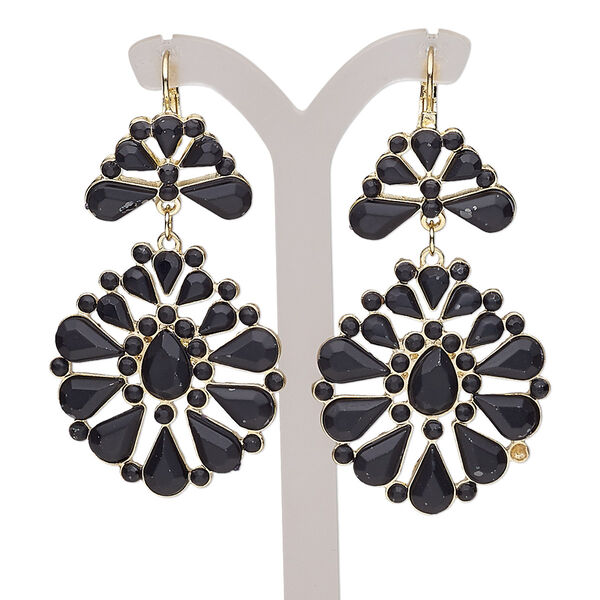 Earring, glass rhinestone / gold-finished brass / steel / "pewter" (zinc-based alloy), matte black, 2-1/2 inches with leverback ear wire. Sold per pair. image number 0