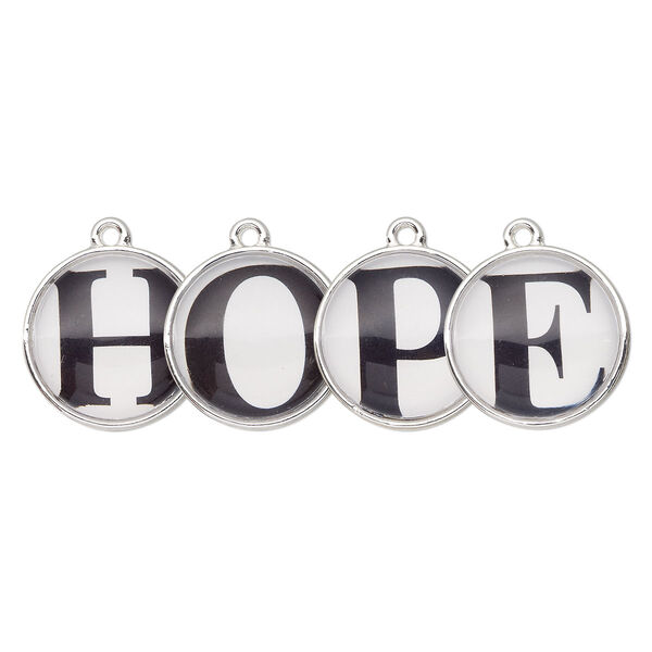 Drop, silver-finished "pewter" (zinc-based alloy) and plastic, black and white, 20mm single-sided domed flat round with "HOPE." Sold per 4-piece set. image number 0