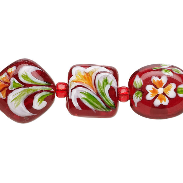 Bead, lampworked glass, red and multicolored, 11x11x10mm-15mm double-sided multi-shape with hand-painted floral design. Sold per 7-inch strand. image number 0