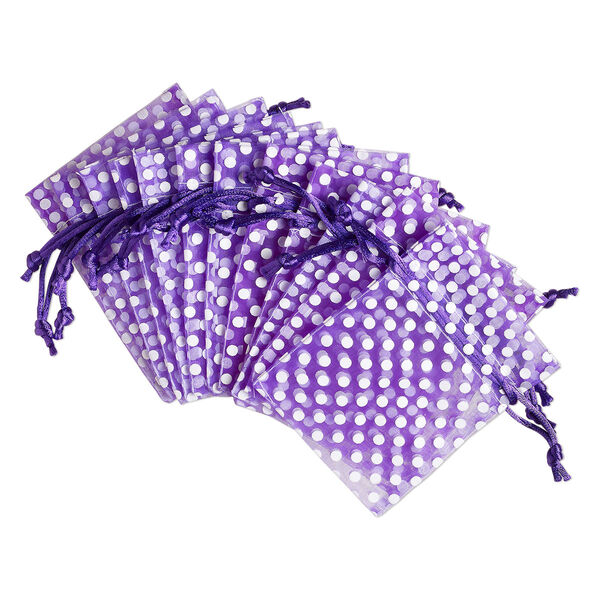Pouch, organza, purple and white, 4x3 inches with dots pattern and drawstring closure. Sold per pkg of 12. image number 0