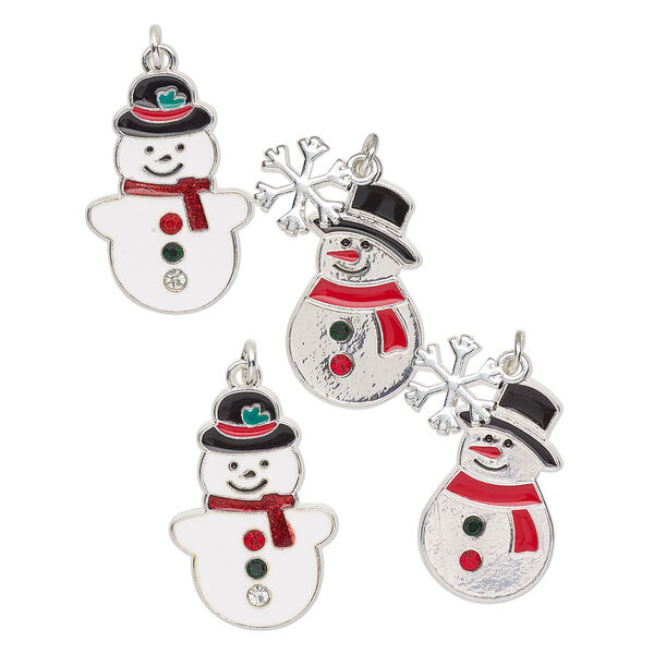Charm assortment, silver-finished "pewter" (zinc-based alloy) and enamel, multicolored, 28x19mm-26x15.5mm snowman. Sold per pkg of 4. image number 0