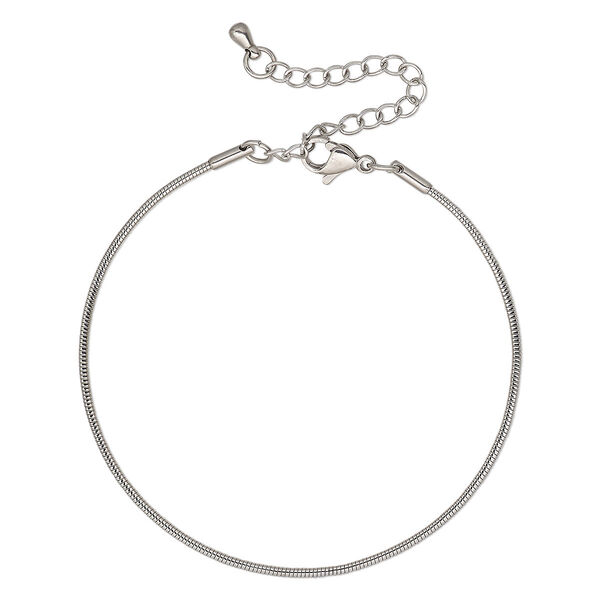 Chain, stainless steel, 1.5mm snake, 8-1/2 inches with 2-1/4 inch extender chain and lobster claw clasp. Sold individually. image number 0