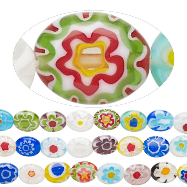 Bead mix, millefiori glass, translucent multicolored, 9x8mm puffed oval with flower design. Sold per pkg of (3) 14-inch strands. image number 0