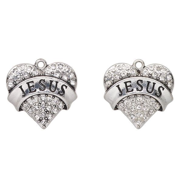 Drop, antique silver-finished "pewter" (zinc-based alloy) and glass, clear, 24x22mm heart with "Jesus". Sold per pkg of 2. image number 0