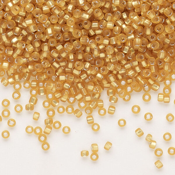 Seed bead, Dyna-Mites™, glass, pkg/40g, #11 round, translucent silver-lined matte gold, (61MA:SR 11/0 SR). image number 0