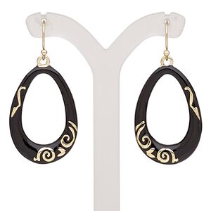 Earring, enamel with gold-finished brass and "pewter" (zinc-based alloy), black, 44mm with open teardrop and fishhook ear wire. Sold per pair.