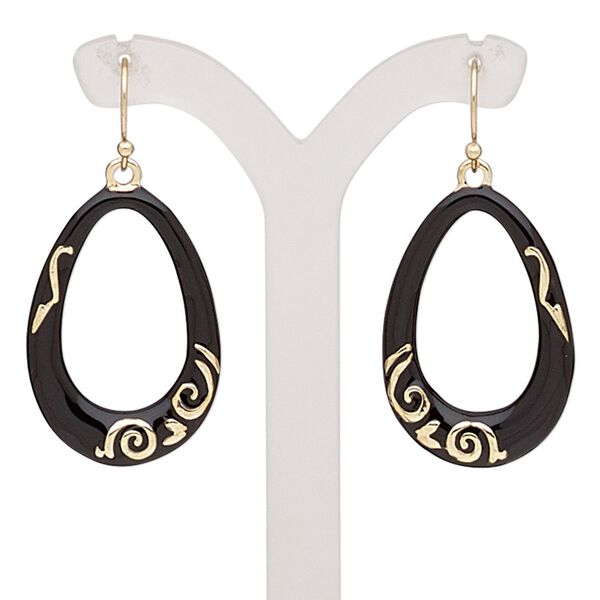 Earring, enamel with gold-finished brass and "pewter" (zinc-based alloy), black, 44mm with open teardrop and fishhook ear wire. Sold per pair. image number 0
